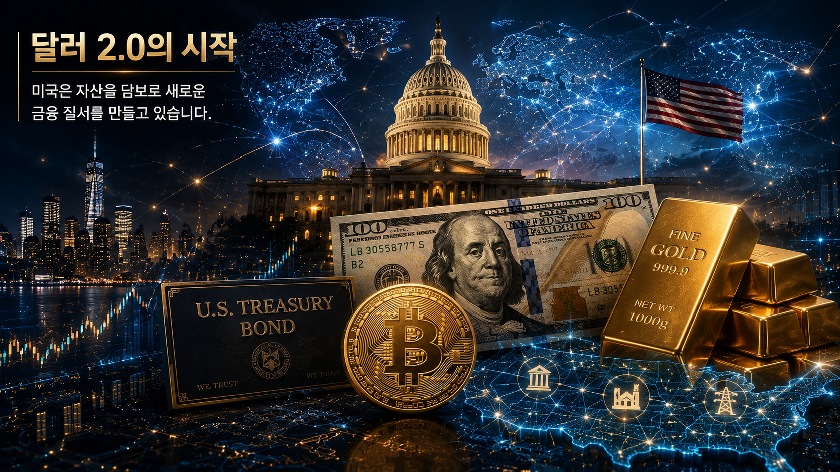 Future digital dollar system connecting Bitcoin, gold, and the U.S. financial network