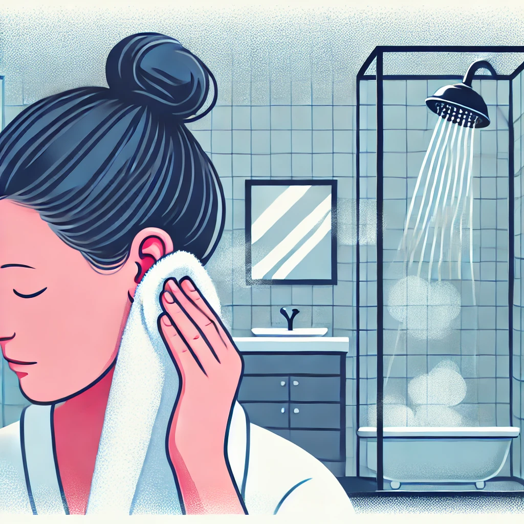 샤워 후 부드러운 수건으로 귀를 말리는 사람의 모습.