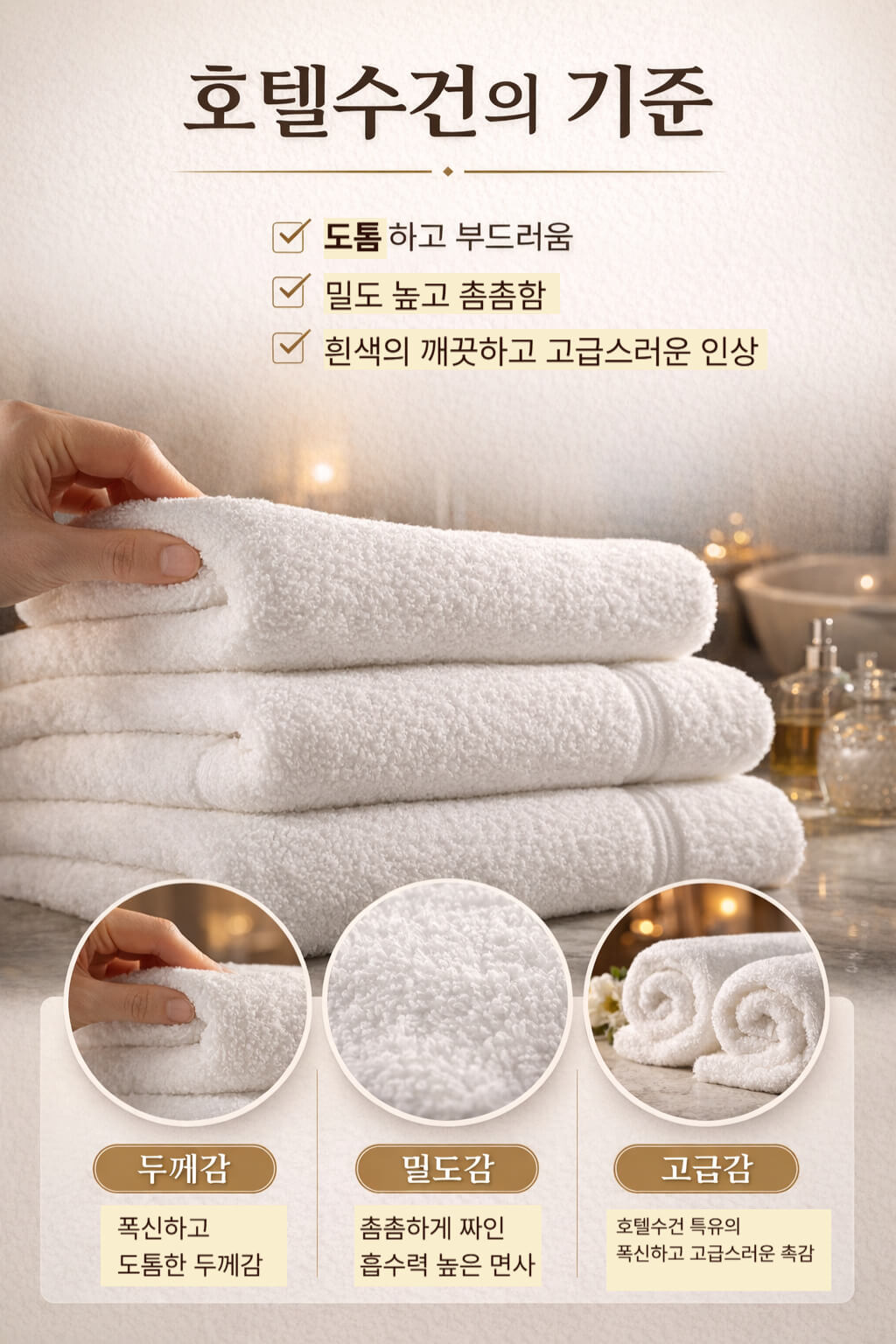 호텔수건의 기준을 두께감 밀도감 고급감으로 정리한 안내 이미지