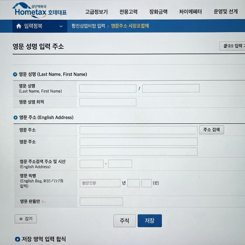 홈택스 영문 이름 및 주소 입력 화면