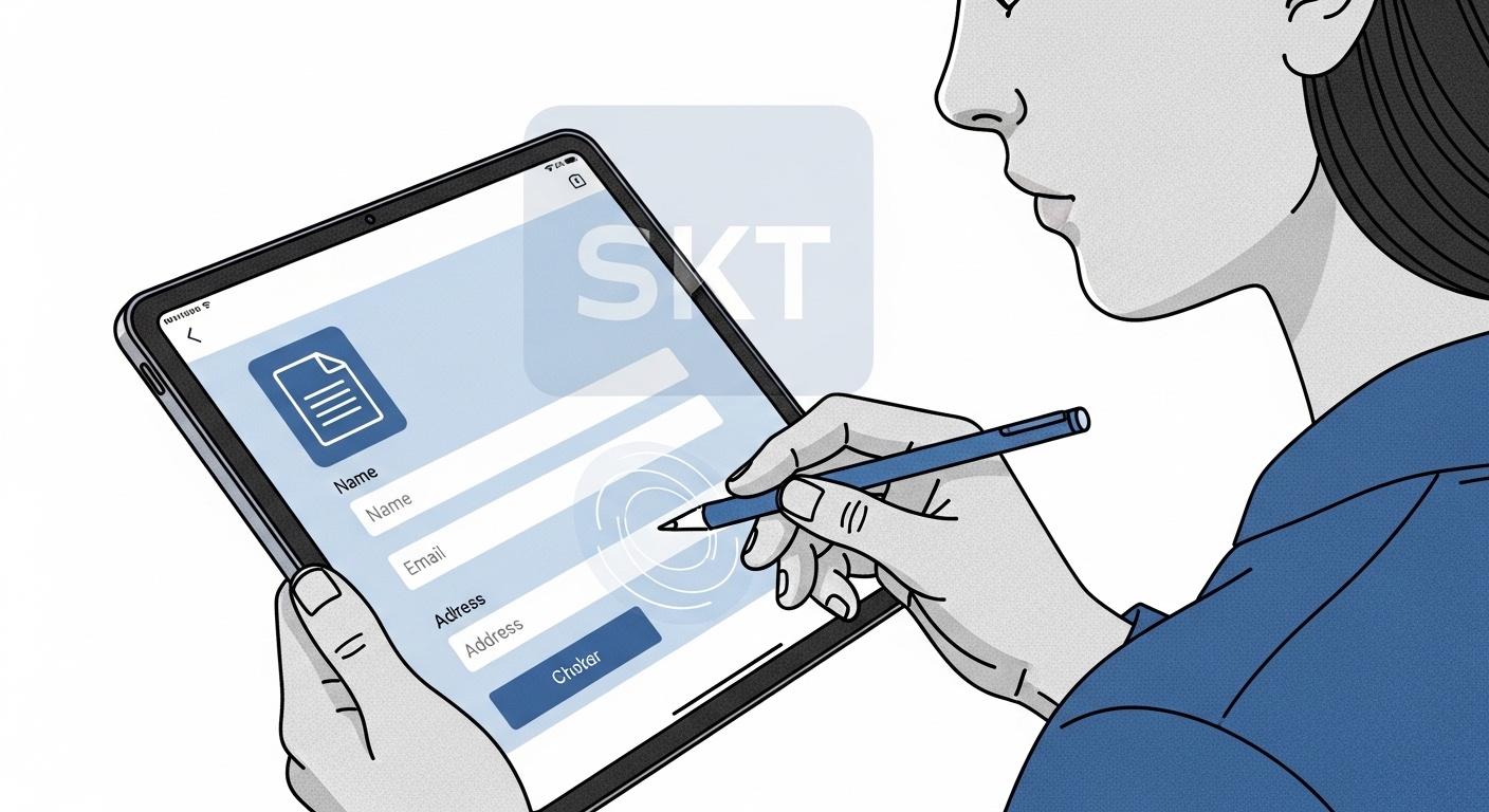 SKT 보상 신청 과정을 보여주는 이미지. 태블릿으로 서류를 작성하는 사람의 모습과 신청 양식을 시각적으로 표현.