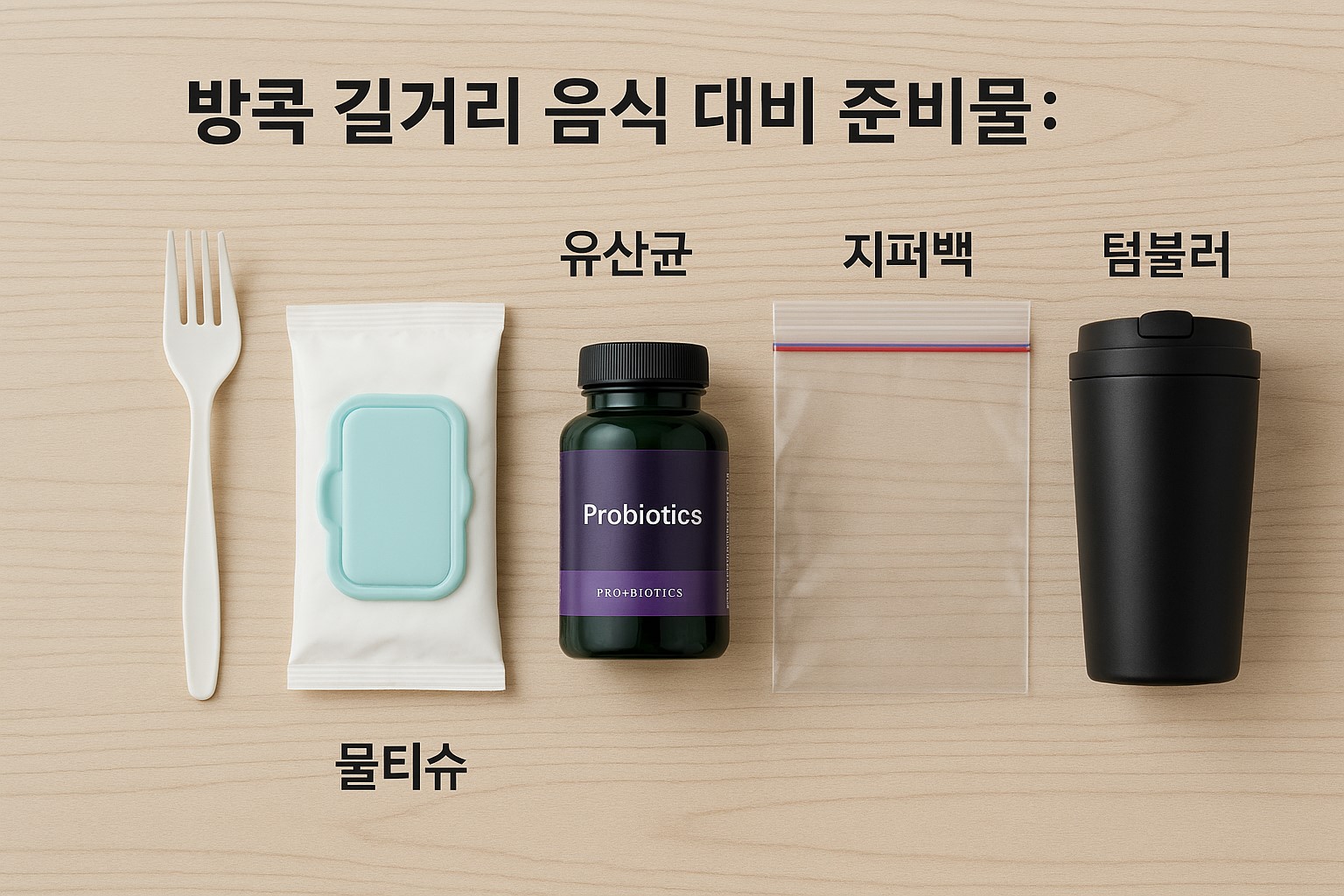 방콕 길거리 음식 대비 준비물: 일회용 포크, 물티슈, 유산균, 지퍼백, 텀블러