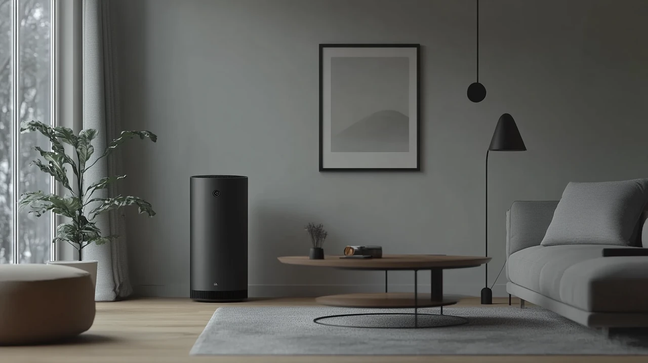 거실 공간에 자연스럽게 어우러진 공기청정기가 쾌적한 실내 공기와 고급스러운 인테리어를 강조하며, 2025 공기청정기 추천, 거실 공기 개선, 미세먼지 차단, 프리미엄 가전, 실내 환경 개선 효과를 담았습니다.