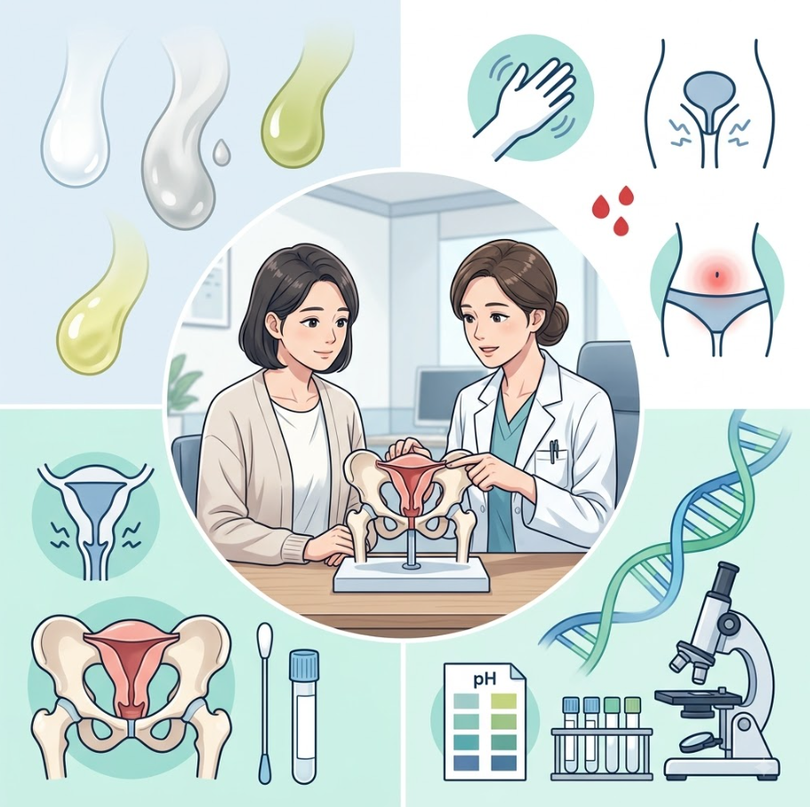 질 분비물 변화의 원인, 동반 증상, 진찰 및 검사 핵심을 요약한 마무리 인포그래픽 일러스트