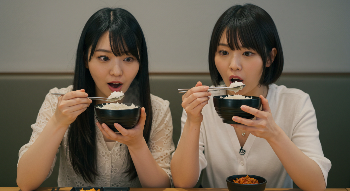 한국 쌀밥을 먹으며 놀라고 있는 일본 여성 두명.