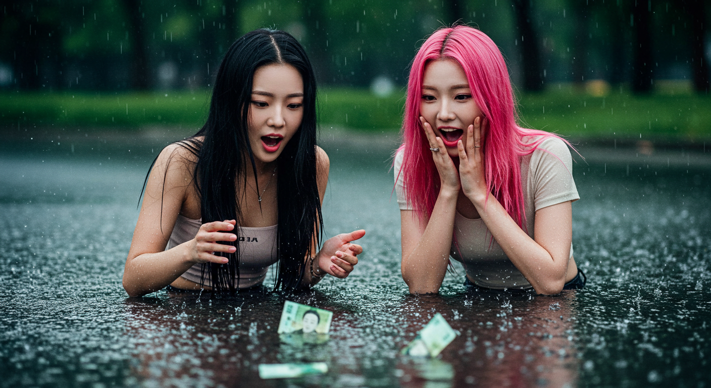 물에 떠있는 돈을 보고 놀라는 두 여인