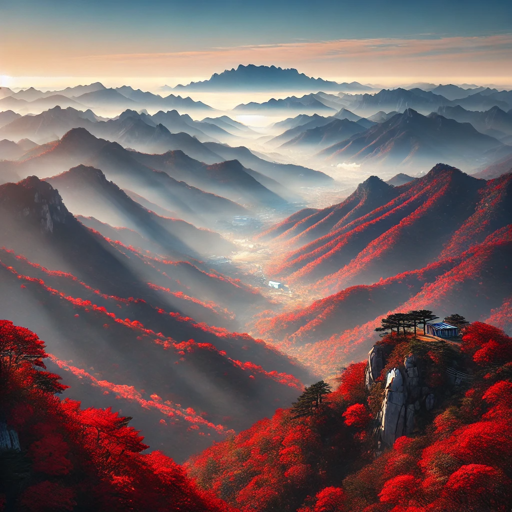 가을이라 산들이 빨갛게 물든 풍경이 보이는 평화로운 풍경