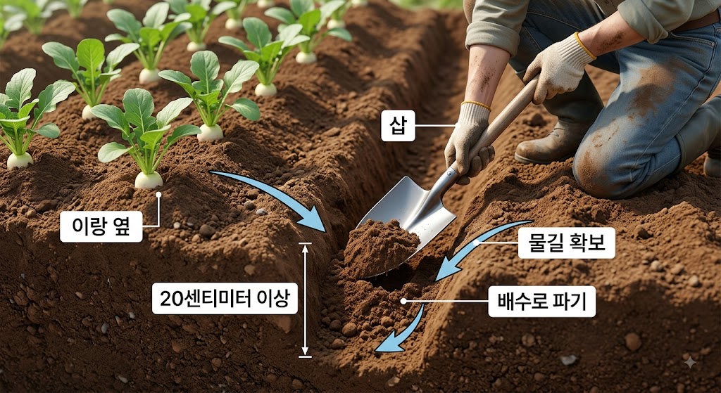 김장무 이랑 사이에 물이 고이지 않도록 배수로를 깊게 파내는 모습