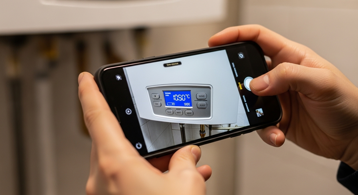 난방 사용 증명을 위해 보일러 작동 상태를 스마트폰으로 촬영하는 모습