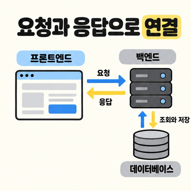 프론트엔드와 백엔드 사이의 요청 및 응답과 백엔드와 데이터베이스 사이의 조회 및 저장을 방향 화살표로 연결한 구조도