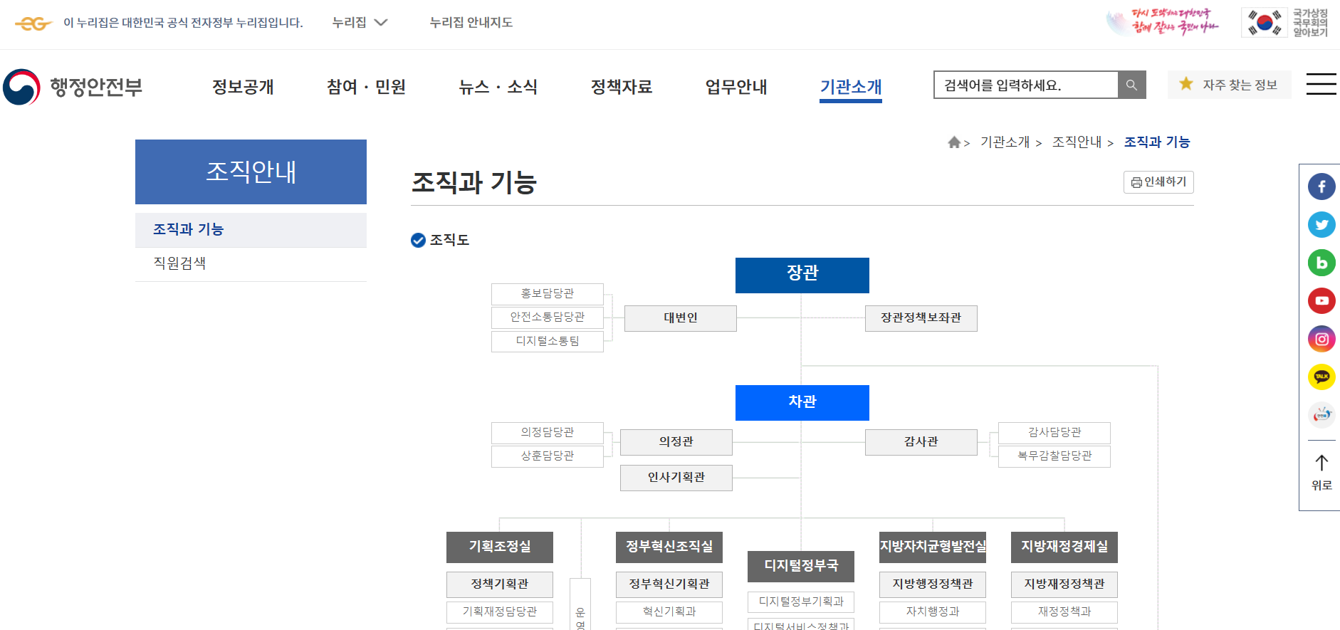 행정안전부 조직도 홈페이지
