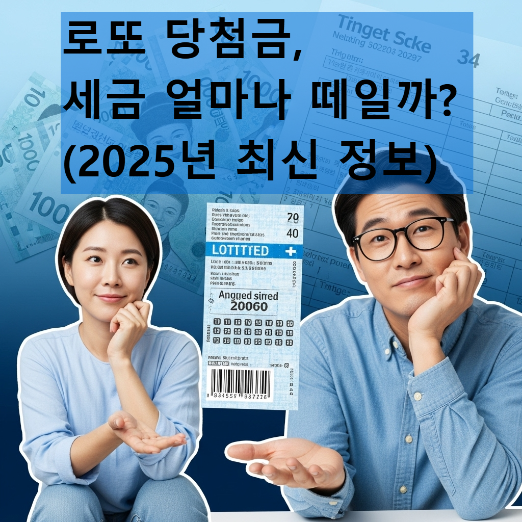 복권 당첨금을 들고 기뻐하면서도 세금 계산을 고민하는 사람의 모습, 파란색과 진한 파란색이 어우러진 배경에 돈과 세금 서류가 희미하게 비침.