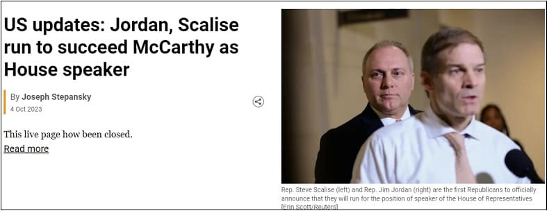 퇴출된 매카시 하원의장 후임에 조던, 스캘리즈 의원 물망에 Jordan, Scalise run to succeed McCarthy as House speaker