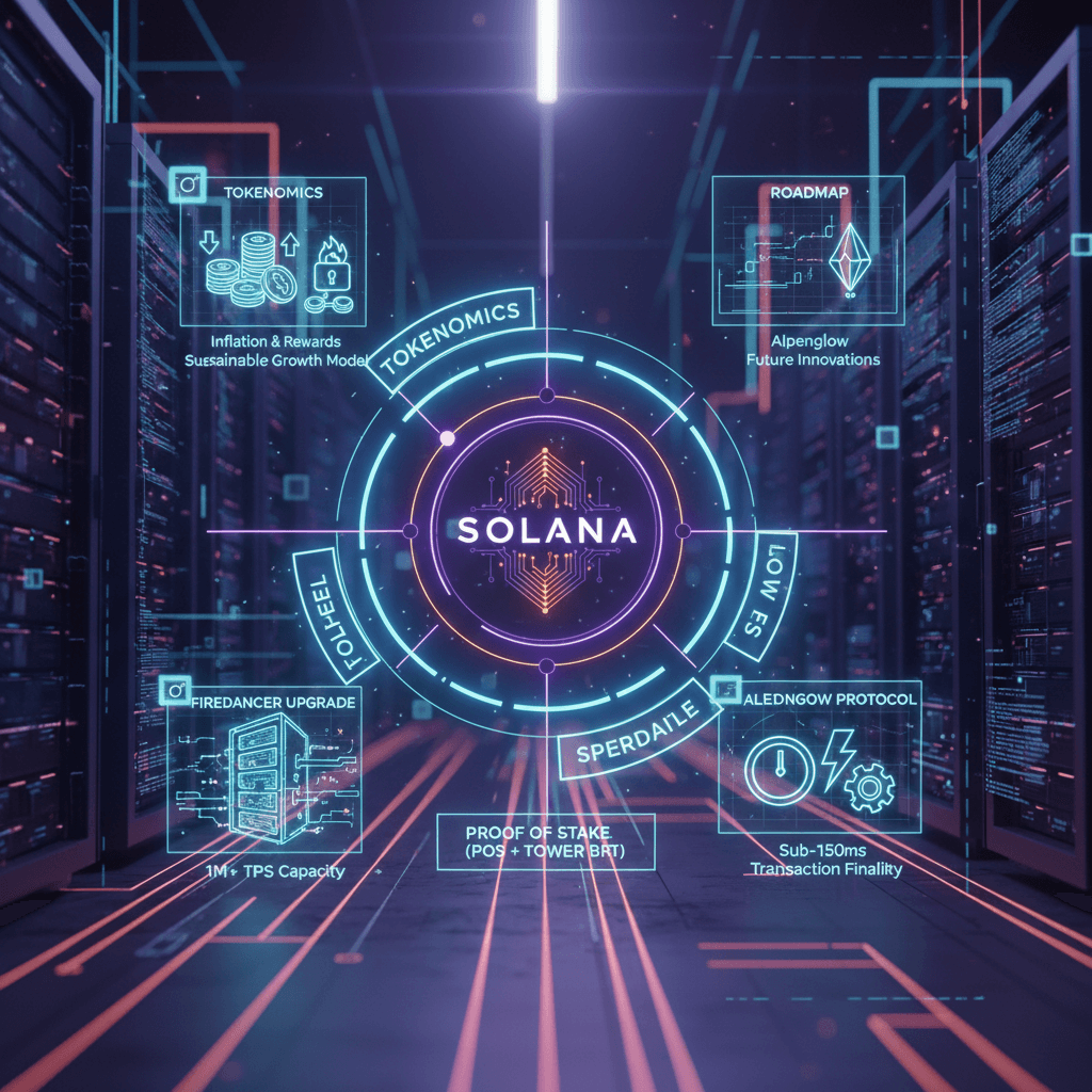 솔라나 블록체인 특징과 생태계를 표현한 미래형 시각 자료