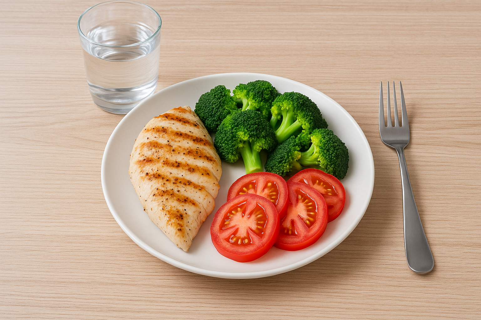 그릴에 구운 닭가슴살, 브로콜리, 생토마토가 담긴 접시와 물 한 잔이 놓인 건강한 식단 구성