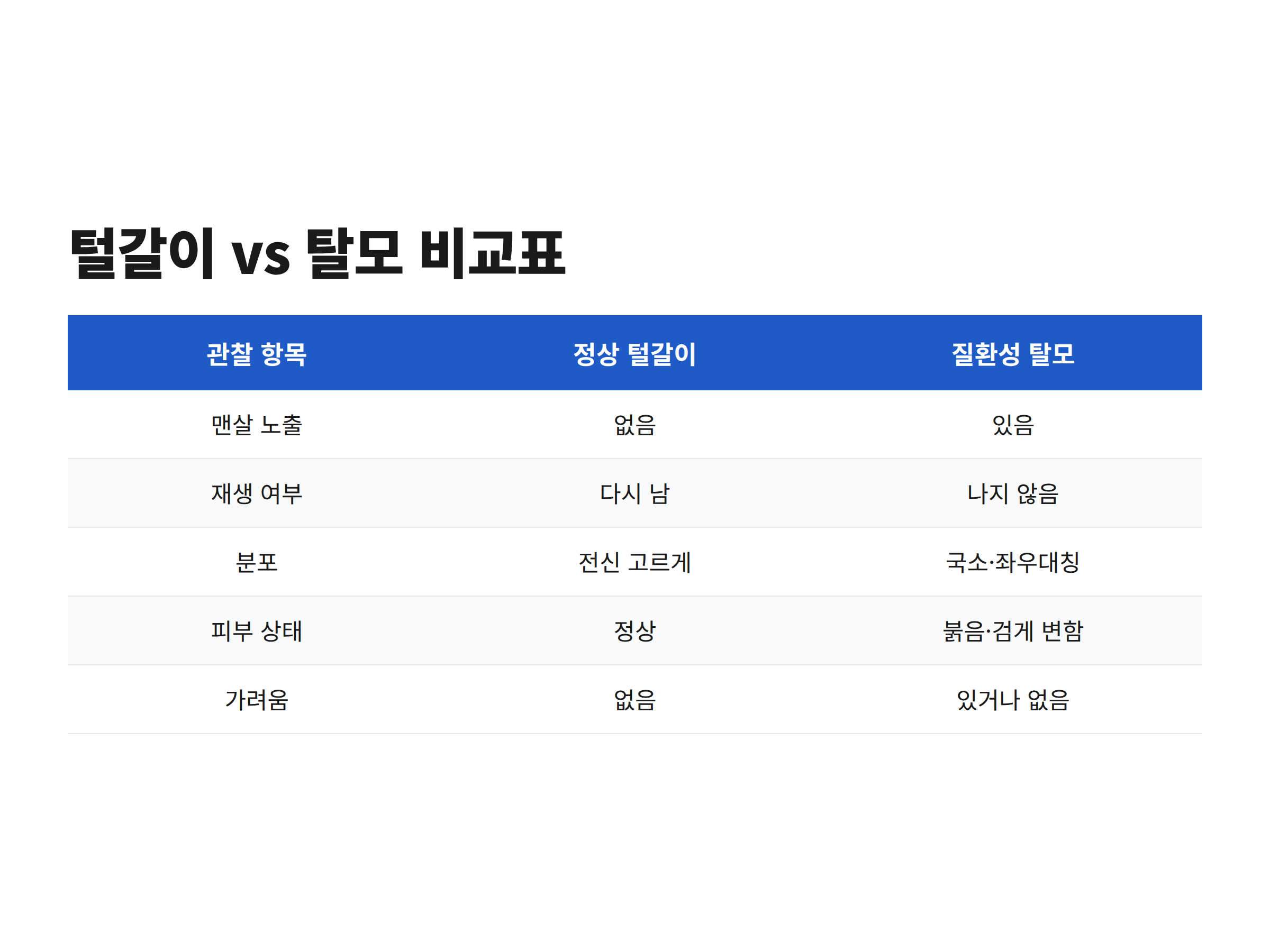 강아지의 정상 털갈이와 질환성 탈모를 다섯 가지 항목으로 비교한 표