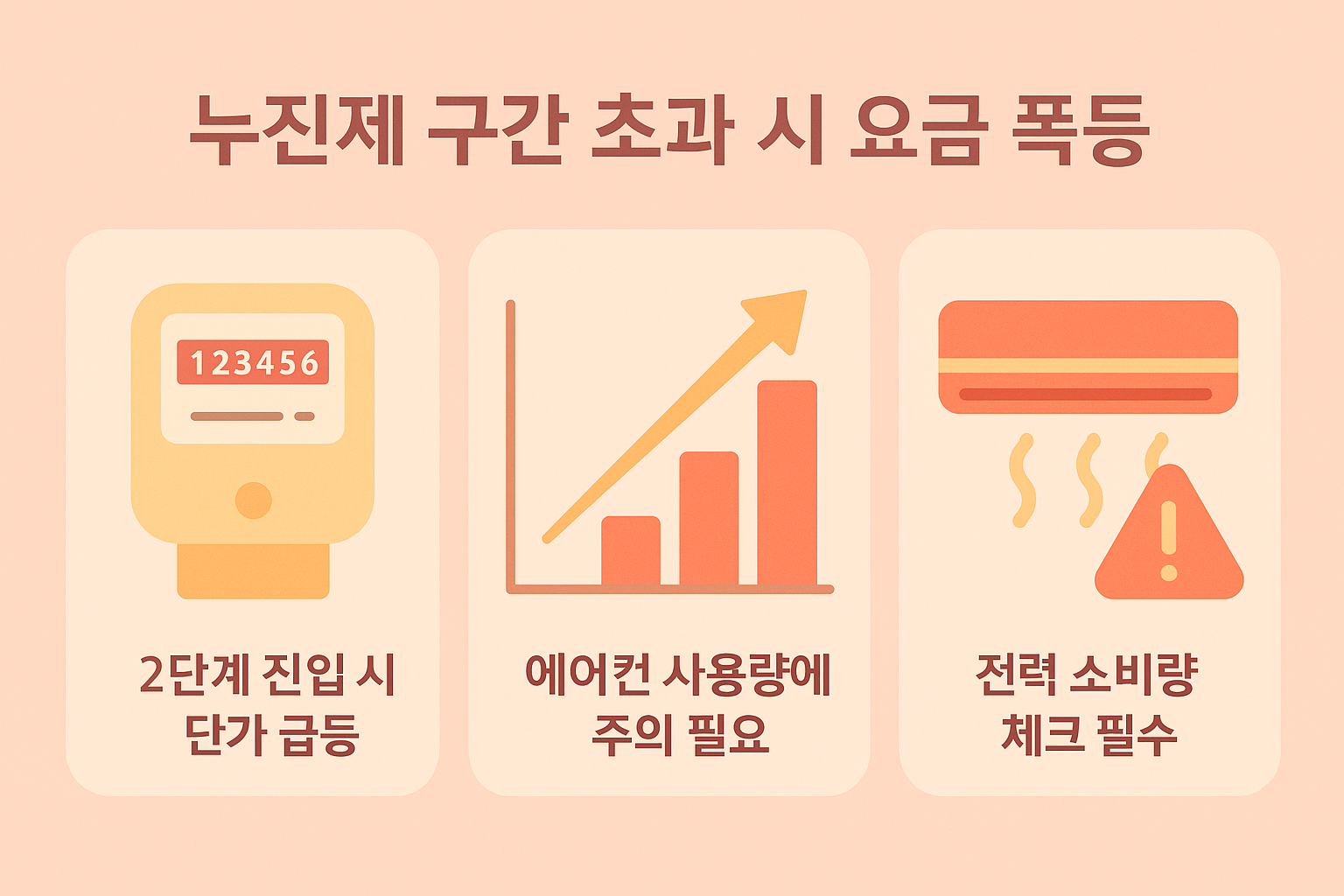 전기요금이 누진제 구간을 초과할 때 요금 단가가 급격히 상승하며 특히 여름철 에어컨 사용 증가로 2단계 진입 시 큰 폭의 금액이 부과될 수 있음을 시각적으로 안내한 이미지입니다.