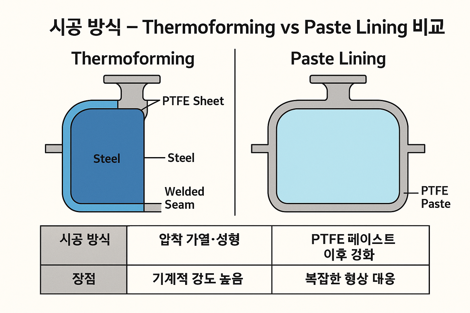 Technical illustration comparing Thermoforming and Paste Lining methods for PTFE lining in tanks