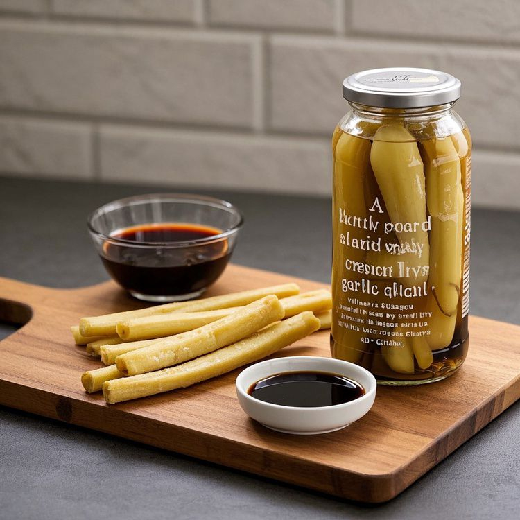 아삭아삭한 제철 마늘쫑이 가지런히 놓인 도마, 옆에는 진간장·식초·설탕이 담긴 유리볼, 완성된 마늘쫑 장아찌가 투명한 유리병에 담겨 식탁 위에 놓여 있는 모습