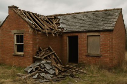 붉은 벽돌로 지어진 단층 건물이 한쪽 지붕이 무너져 내린 채 방치되어있음