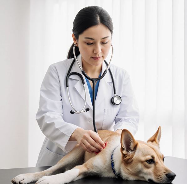 여자 수의사가 강아지를 청진기로 진찰하고 있다