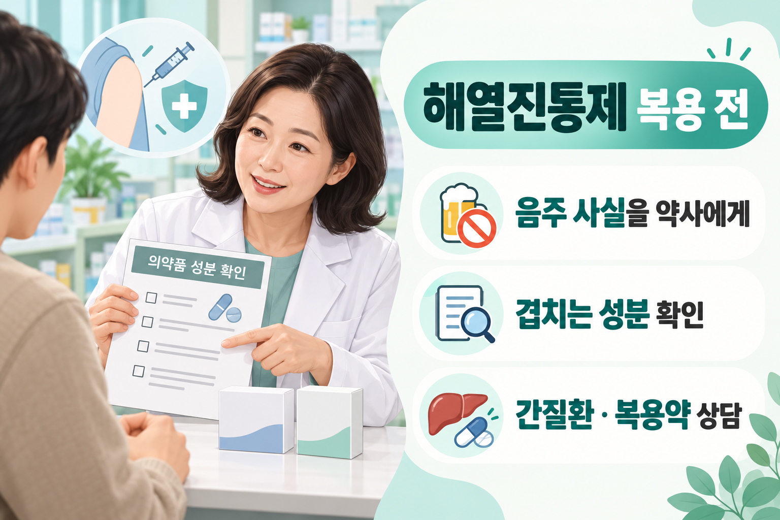 술을 마셨다면 해열진통제 복용 전에 약사에게 알리고 성분을 대조하는 안내