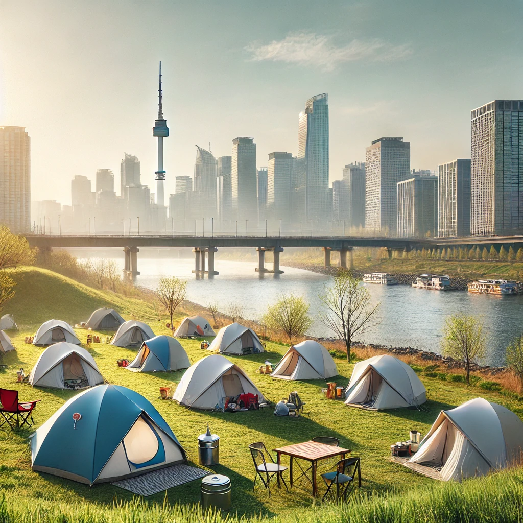 서울 난지캠핑장 - 한강변에 위치한 도심 속 캠핑장, 텐트와 강변 풍경