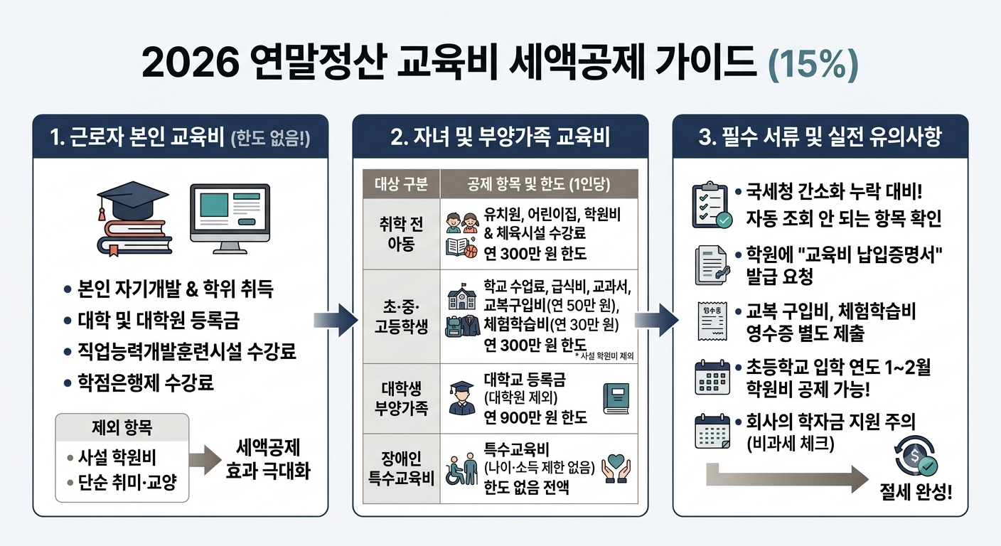 2026년 연말정산 교육비 세액공제 15% 한도 및 대상별 공제 요점 인포그래픽