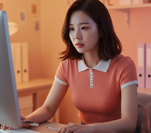 엑스트라버진 올리브오일 제품 컴퓨터 검색하는 모습