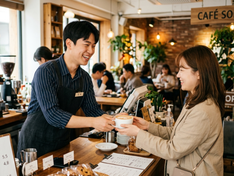 카페 알바생이 최저시급 인상 소식을 접하고 즐겁게 일하는 모습