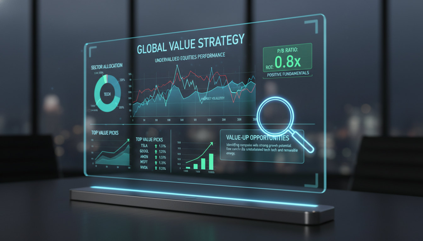 저평가 우량주의 펀더멘털을 분석하는 홀로그램 금융 대시보드 그래픽