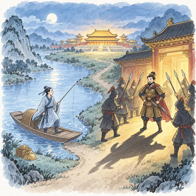 Fan Li departs by boat while Han Xin is surrounded after his victory, symbolizing Tosagupaeng