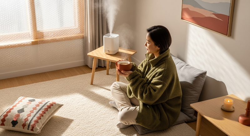따뜻한 햇살이 비치는 거실 창문에 단열 뽁뽁이가 붙어 있고, 바닥에는 러그가 깔려 있는 아늑한 겨울 실내 모습