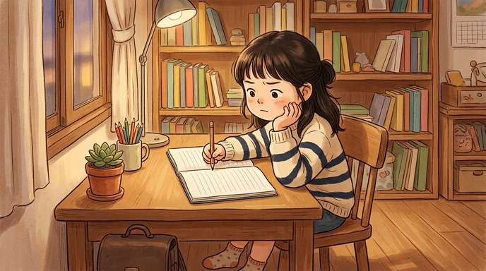 일기 앞에서 고민하는 아이