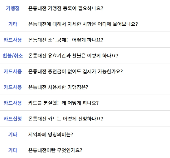 대전사랑카드 자주 묻는 질문 및 답변 보기