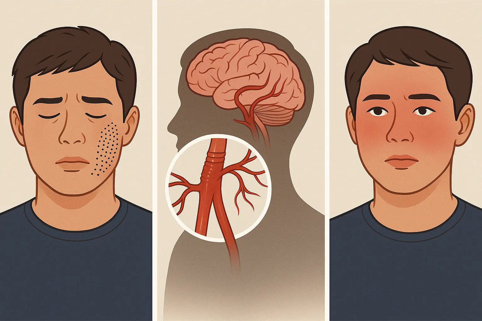 당뇨병 환자의 저릿한 얼굴 일러스트, 고혈압 환자의 뇌혈관 그래픽, 갑상선 기능 이상으로 얼굴이 붉어진 모습