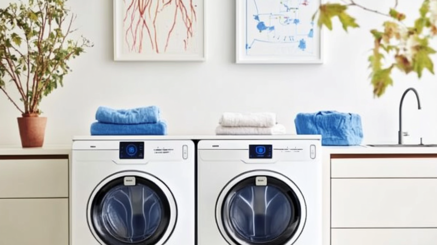 세련된 세탁실에서 삼성 WF2522HDKKP 세탁기와 건조기가 나란히 배치되고, AI 제어 패널이 강조된 현대적이고 깔끔한 인테리어