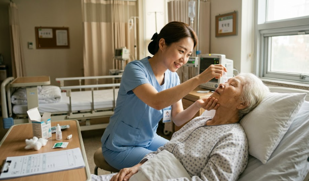 산동검사위해 안약넣어주는 모습