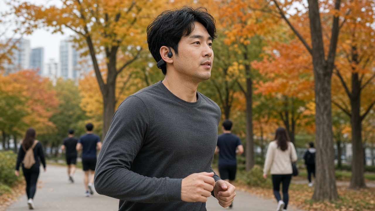 공원에서 조깅하며 클립형 이어폰을 착용한 30대 한국 남성
