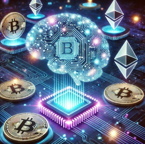 AI와 암호화폐의 개념을 시각적으로 표현한 디지털 아트