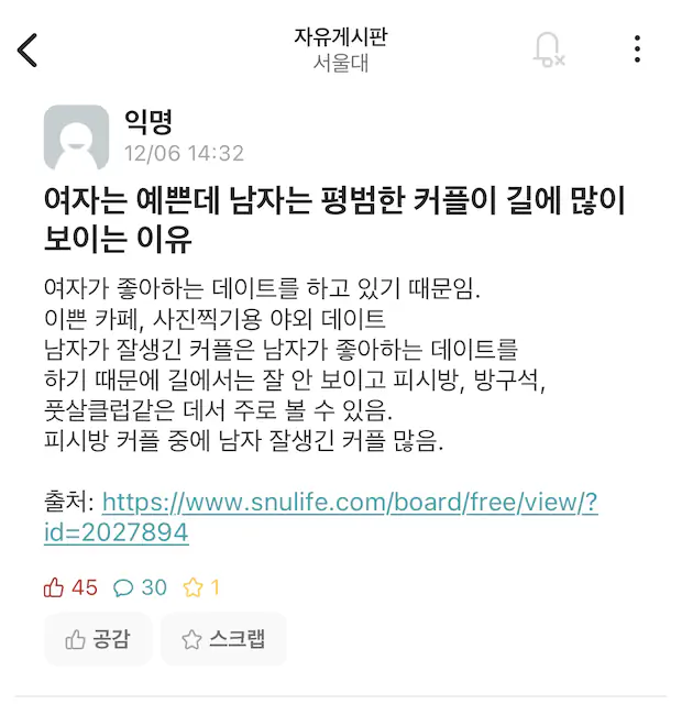 여자는 예쁜데 남자는 평범한 커플이 길에 많이 보이는 이유