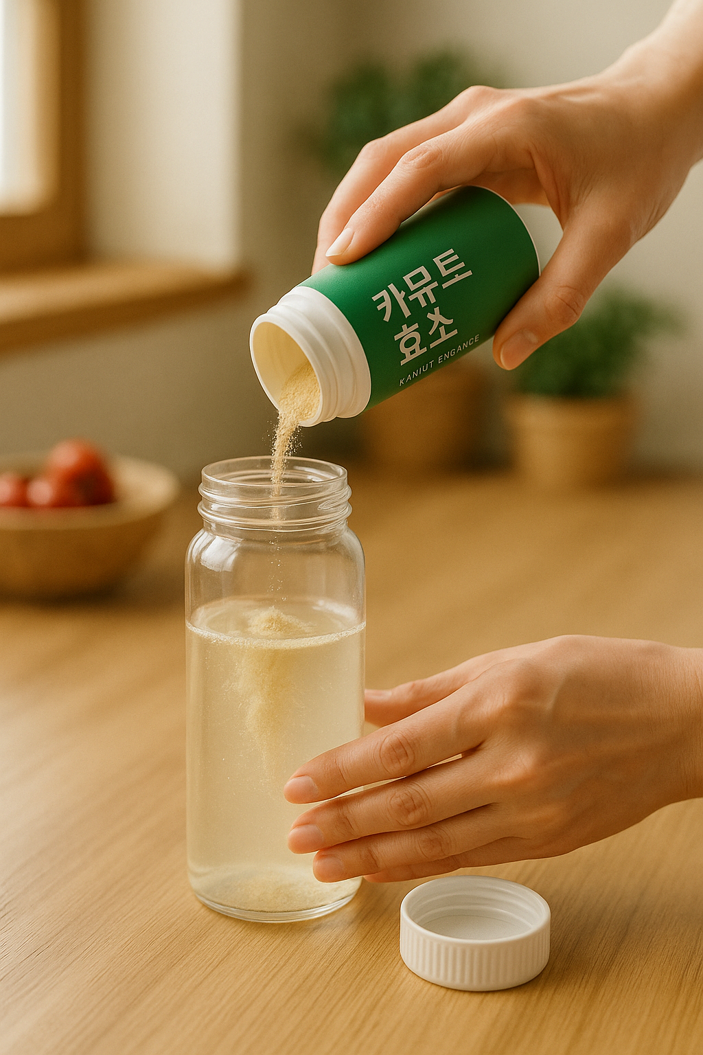 파로효소와 카뮤트효소 비교｜성분&middot;효능&middot;섭취법&middot;부작용 한눈정리.보틀형 카뮤트효소+물 타는 장면