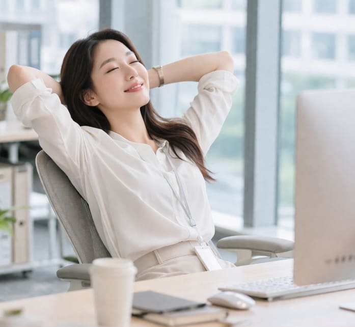 기대어서 근무하는 사무실 직원
