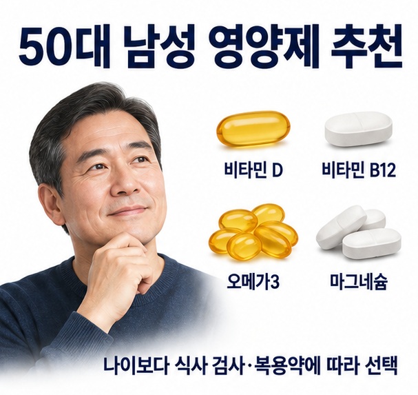 50대 남성과 비타민 D 비타민 B12 오메가3 마그네슘 아이콘을 배경으로 50대 남성 영양제 추천이라는 글자가 중앙에 놓인 건강정보 인포그래픽