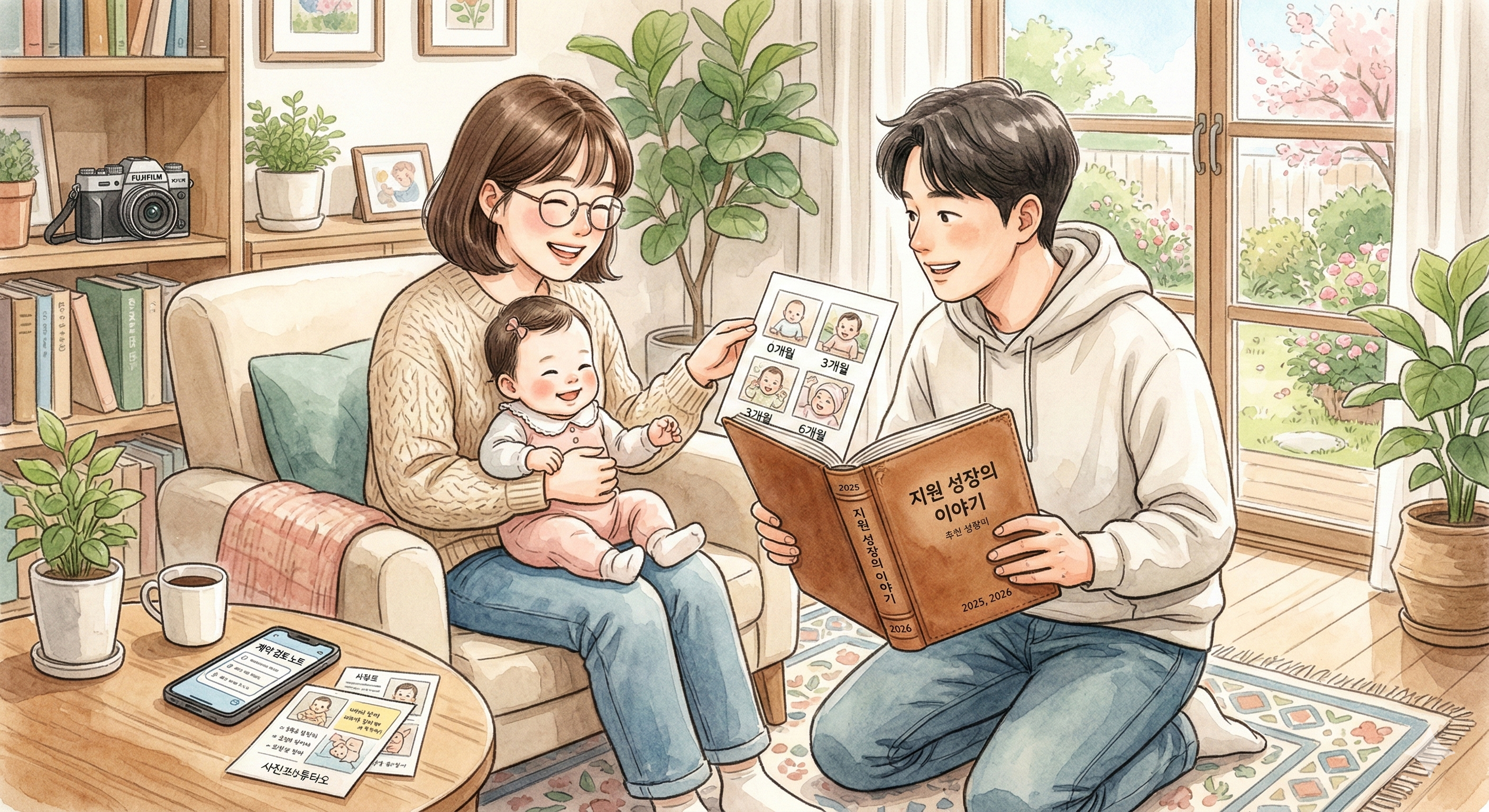 아기 성장앨범 계약을 고민하며 샘플 사진과 앨범을 즐겁게 살펴보는 엄마와 아빠의 따뜻한 수채화 삽화
