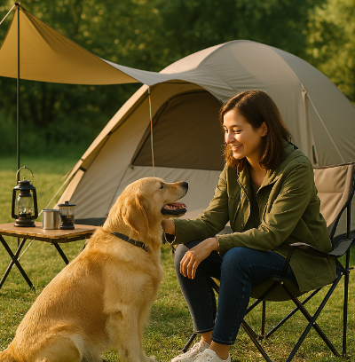 주인이 반려동물과 캠핑을 즐기고 있다