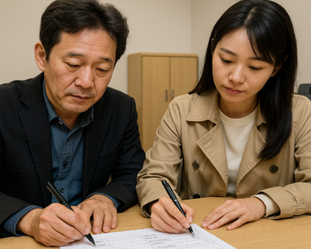 양도인과 양수인이 같이 서류를 작성하고 있다.