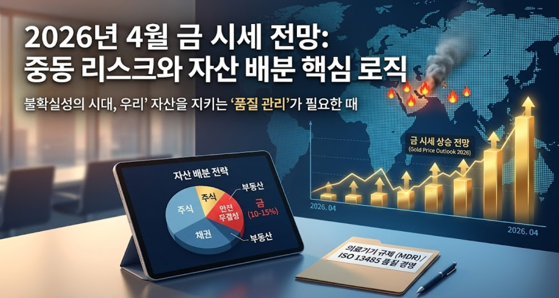 2026년 4월 금 시세 전망 및 중동 리스크 분석 인포그래픽, 안전 자산 배분 전략 파이 차트와 금값 상승 그래프