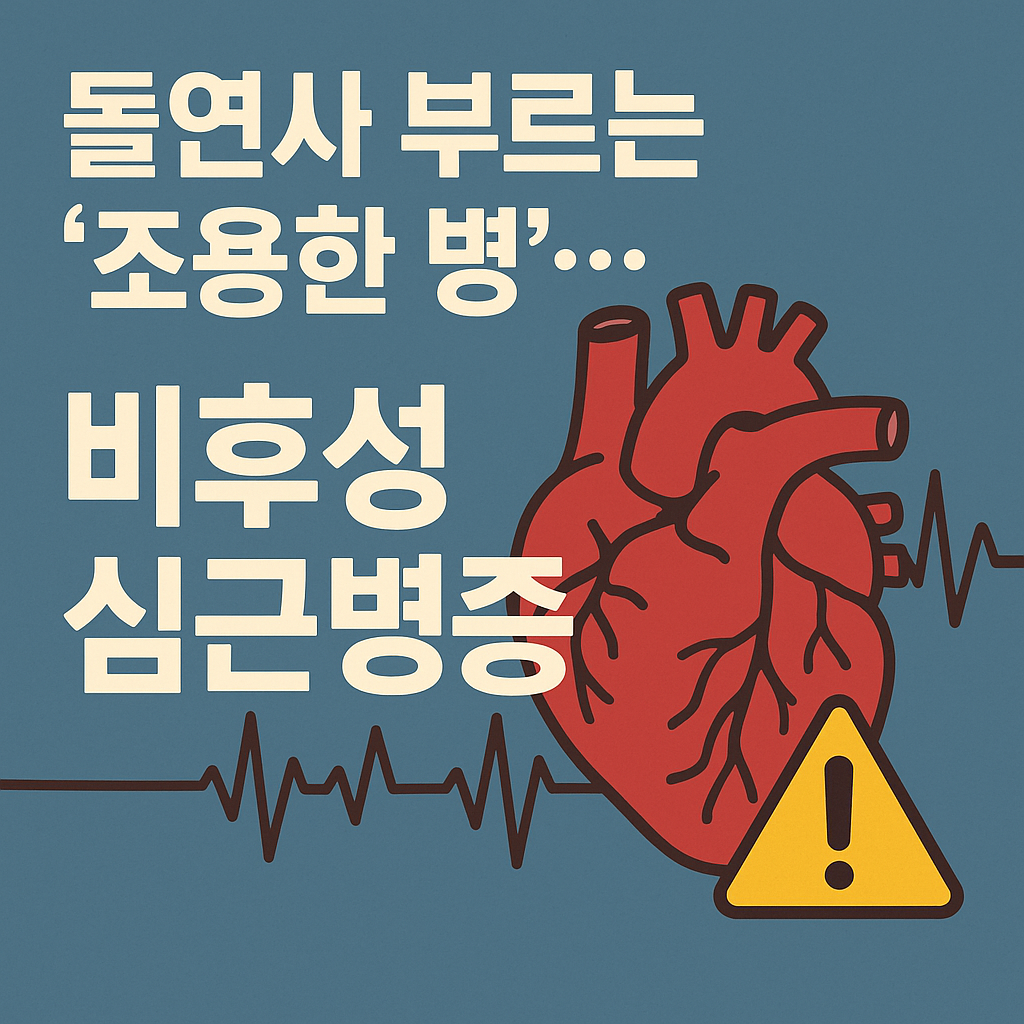 “심장 모양 그래픽과 함께 돌연사를 경고하는 비후성 심근병증 안내 일러스트”