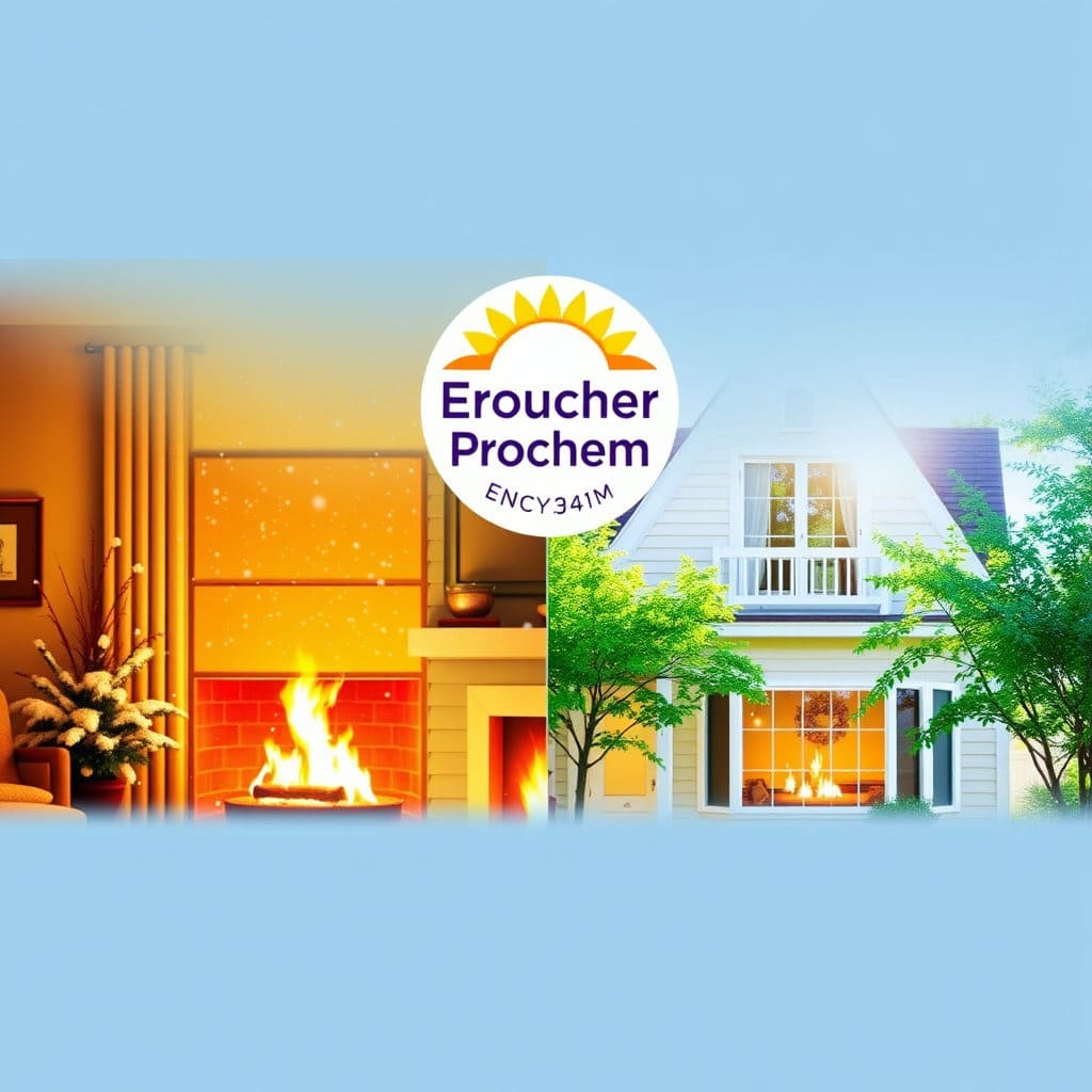 에너지바우처 공식 로고와 함께, 겨울에는 아늑하게 불을 밝힌 집과 여름에는 시원하게 바람이 통하는 집의 모습을 함께 보여주는 이미지입니다. 프로그램의 긍정적인 영향을 시각적으로 표현합니다.